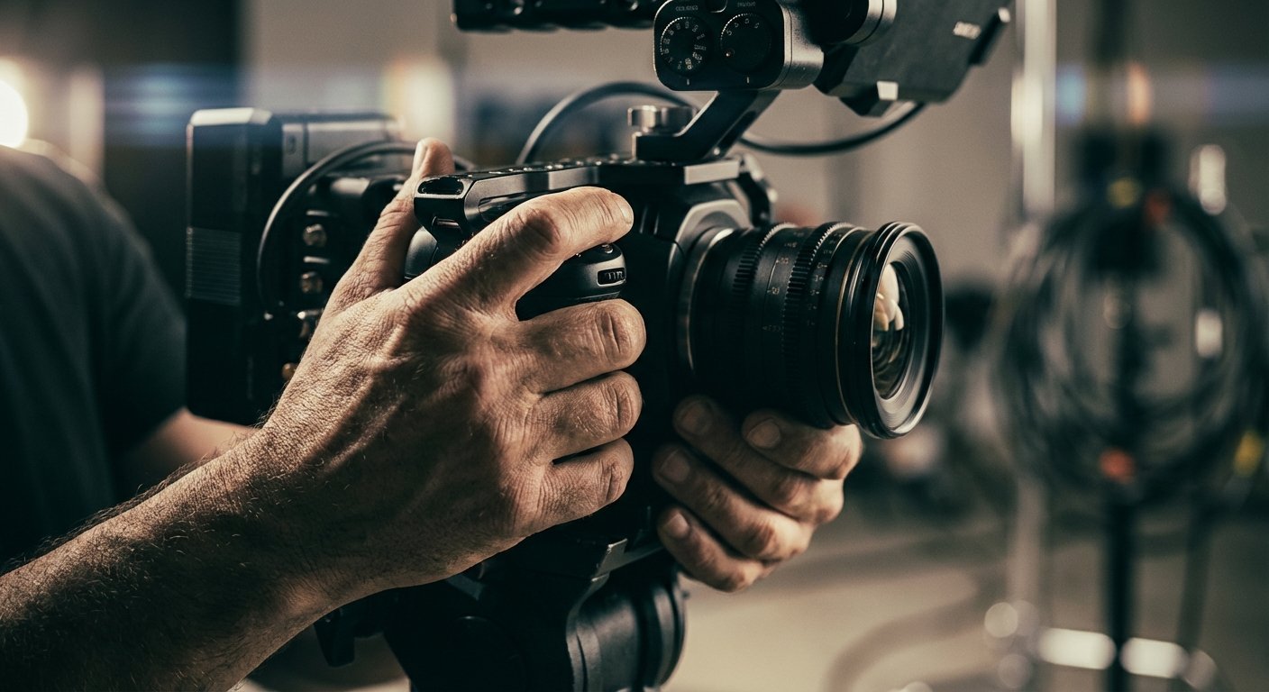 Manos de un operador sujetando una cámara de video profesional con un objetivo grande durante una filmación.