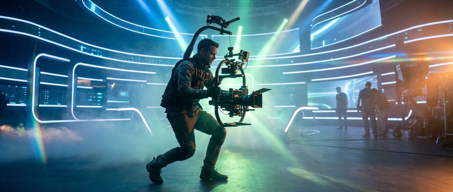 Hombre grabando con cámara montada en sistema de estabilización Steadicam en un estudio. El estudio tiene iluminación LED azul y verde, niebla y haces de luz. Hay personal técnico en el fondo.