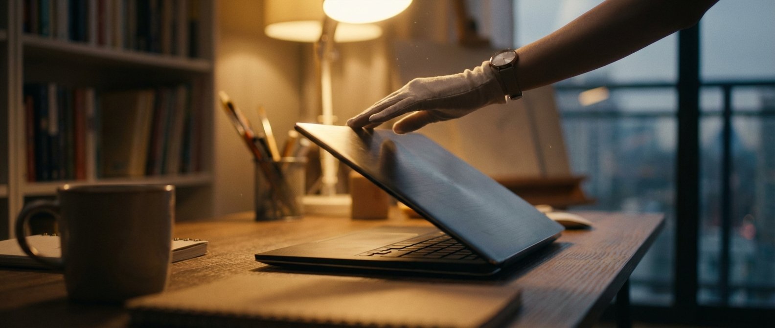 Una mano con un guante blanco y un reloj cierra un ordenador portátil oscuro sobre un escritorio de madera. Partículas de polvo brillan en el aire iluminado por una lámpara de escritorio. Al fondo, se ve una estantería con libros y una ventana con vistas a una ciudad.