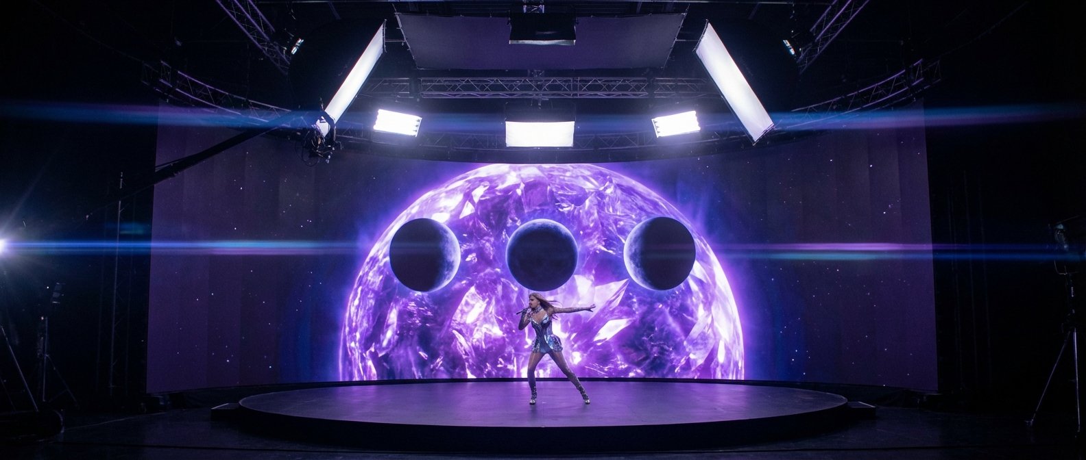 Cantante femenina con traje brillante futurista actuando en un escenario circular. Detrás, una pantalla LED gigante muestra un planeta púrpura cristalino y tres lunas en un fondo espacial estrellado, con luces de escenario y equipo de cámara visibles.