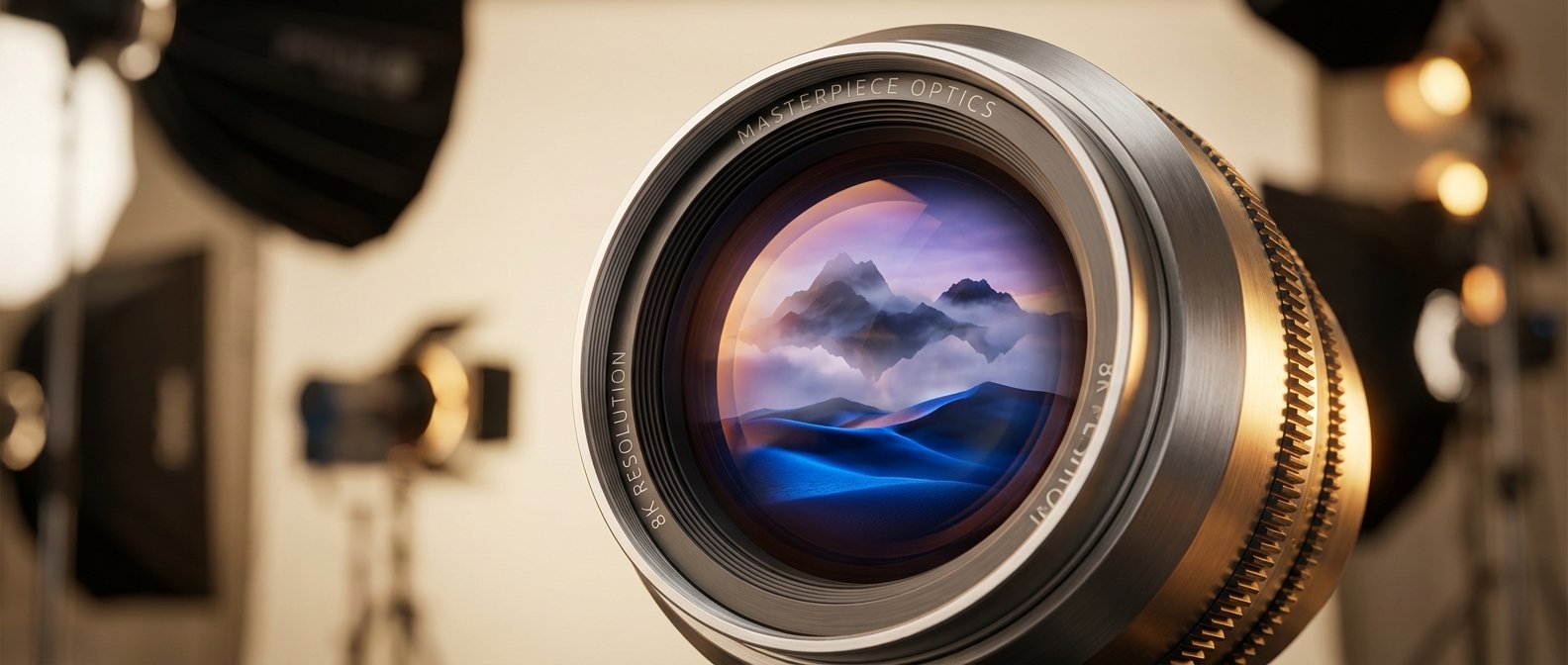 Lente de cámara de alta calidad con un reflejo de un paisaje surrealista de dunas azules y montañas púrpuras. En el lente se lee 'MASTERPIECE OPTICS' y '8K RESOLUTION'. El fondo está desenfocado, mostrando un estudio de fotografía con luces y softboxes.