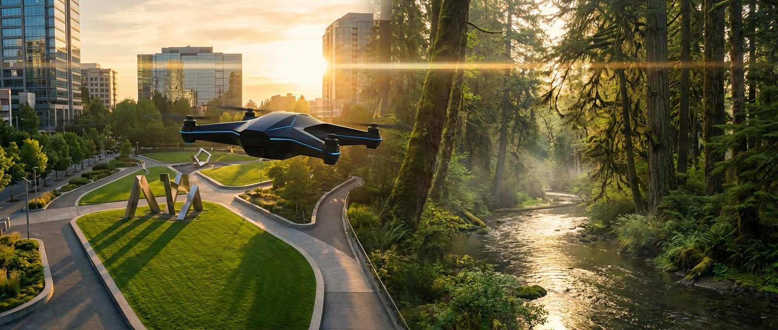 Un dron oscuro con detalles luminosos azules vuela sobre un paisaje que une un parque urbano con edificios modernos y un bosque frondoso con un río, todo iluminado por el atardecer.