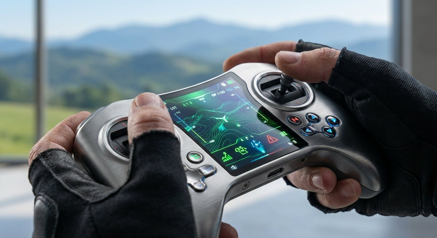 Primer plano de unas manos con guantes sujetando un controlador futurista de color metálico. La pantalla central del controlador muestra un mapa topográfico 3D con datos digitales e iconos, y hay joysticks y botones luminosos. El fondo está desenfocado, mostrando un paisaje de montañas verdes.