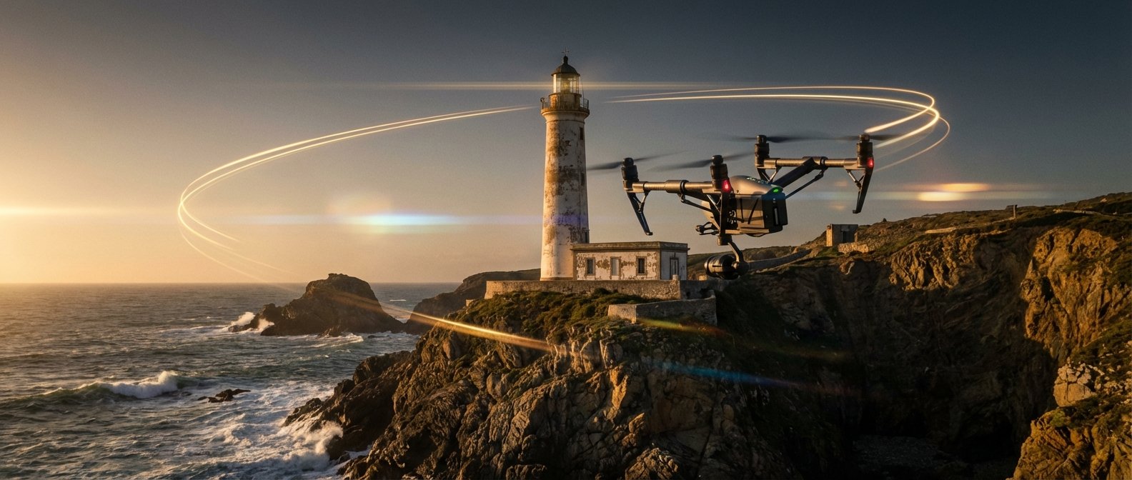 Un dron profesional con cámara integrada vuela sobre el mar al atardecer, cerca de un faro blanco antiguo en un acantilado rocoso. Se aprecian estelas de luz en el cielo y el reflejo del sol en el agua.