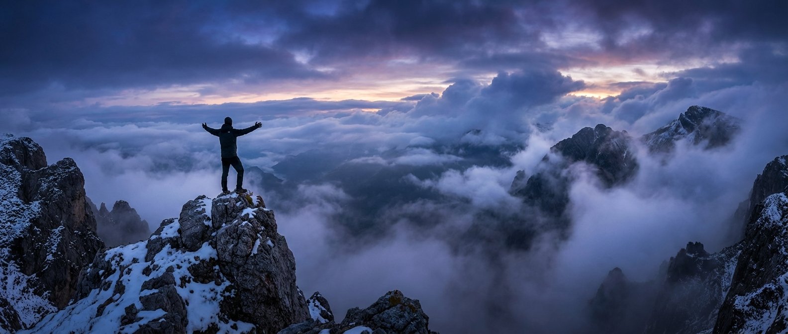 Hombre con los brazos extendidos en la cima de una montaña nevada, contemplando un mar de nubes que cubre un paisaje montañoso al amanecer o atardecer.