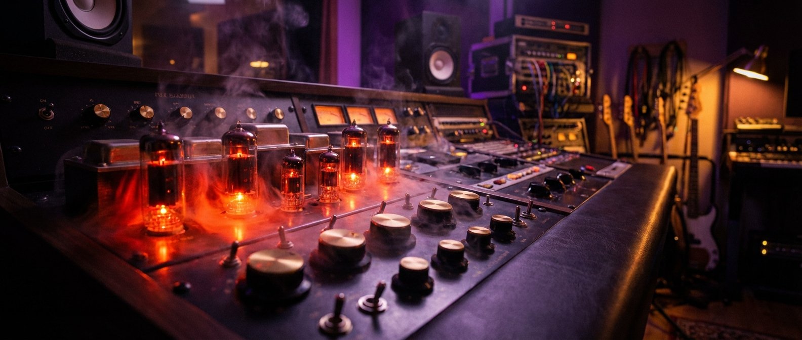Consola de estudio de grabación con tubos de vacío iluminados en color rojo y vapor, rodeada de mandos, medidores y otros equipos de audio, altavoces y guitarras eléctricas en un estudio oscuro.