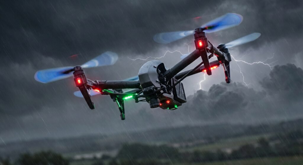 Un dron con luces rojas y verdes vuela bajo la lluvia intensa, con el cielo oscuro de tormenta y relámpagos en el fondo.