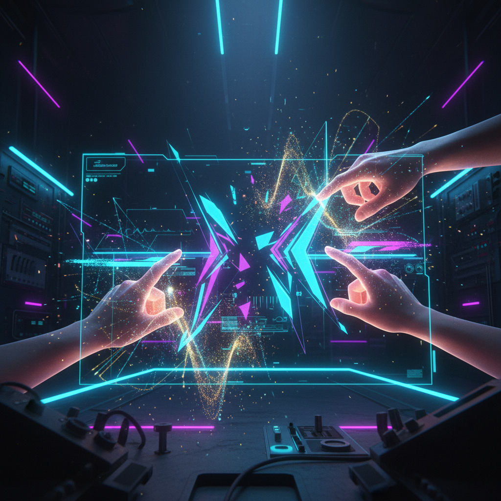 Cuatro manos humanas interactuando con una interfaz holográfica futurista que muestra gráficos digitales brillantes en cian y magenta, en un entorno tecnológico oscuro.