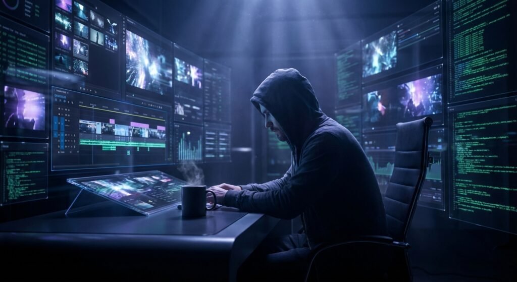 Hombre con capucha oscura sentado en un escritorio, tecleando frente a una tableta táctil transparente. Está rodeado por una pared de múltiples pantallas de ordenador que muestran líneas de código, interfaces de edición de video, gráficos y visuales abstractos, en una habitación oscura con iluminación azul. Una taza humeante está a su lado.