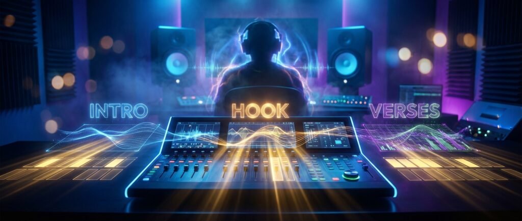 Un productor musical con auriculares sentado en un estudio de grabación, detrás de una mesa de mezclas digital iluminada. La mesa muestra ondas sonoras y texto brillante que indica INTRO, HOOK y VERSES, con luces de neón de colores.