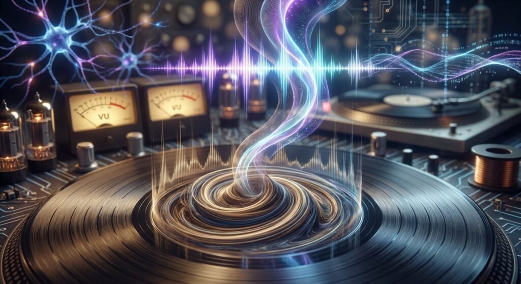 Un tocadiscos de vinilo con una espiral luminosa y colorida que emana del disco, rodeado de medidores VU, válvulas de vacío, circuitos electrónicos y ondas sonoras digitales. En el fondo se aprecian estructuras neuronales.