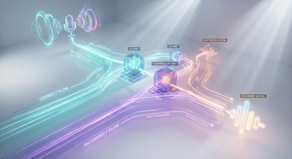 Diagrama abstracto que ilustra dos caminos para el procesamiento de audio vocal. El flujo correcto, en tonos cian, atraviesa unidades de EQ y un compresor, resultando en una 'voz pulida' con equilibrio armónico. El flujo incorrecto, en tonos púrpura, conduce a una 'voz distorsionada'. El proceso se origina en un micrófono.