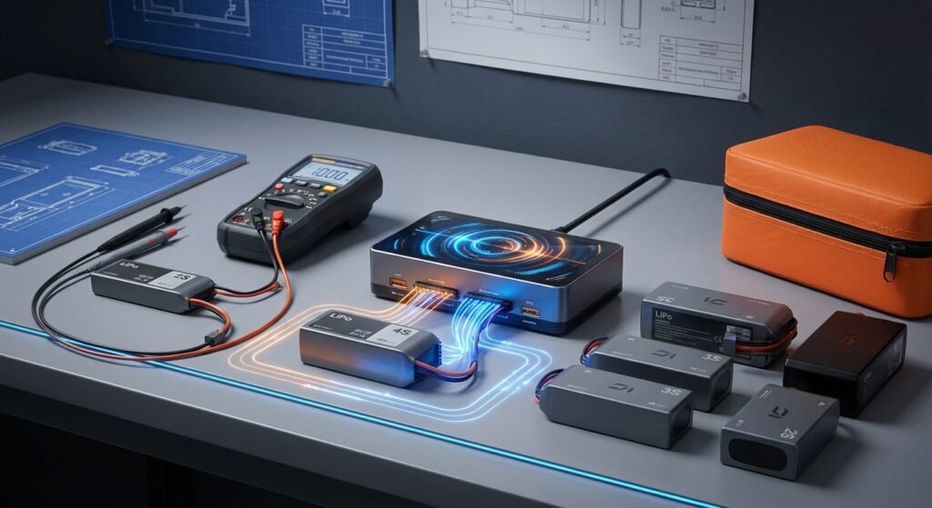Un escritorio de laboratorio con un multímetro digital mostrando 10.00, conectado a una batería LiPo 2S. Una estación de carga de baterías inteligente con una pantalla iluminada que muestra un patrón de energía circular, con cables azules y naranjas luminosos conectando a una batería LiPo 4S. Varias baterías LiPo adicionales (3S, 5S, 6S) se encuentran cerca, junto con una funda de transporte naranja. Hay planos técnicos en la pared y sobre la mesa.