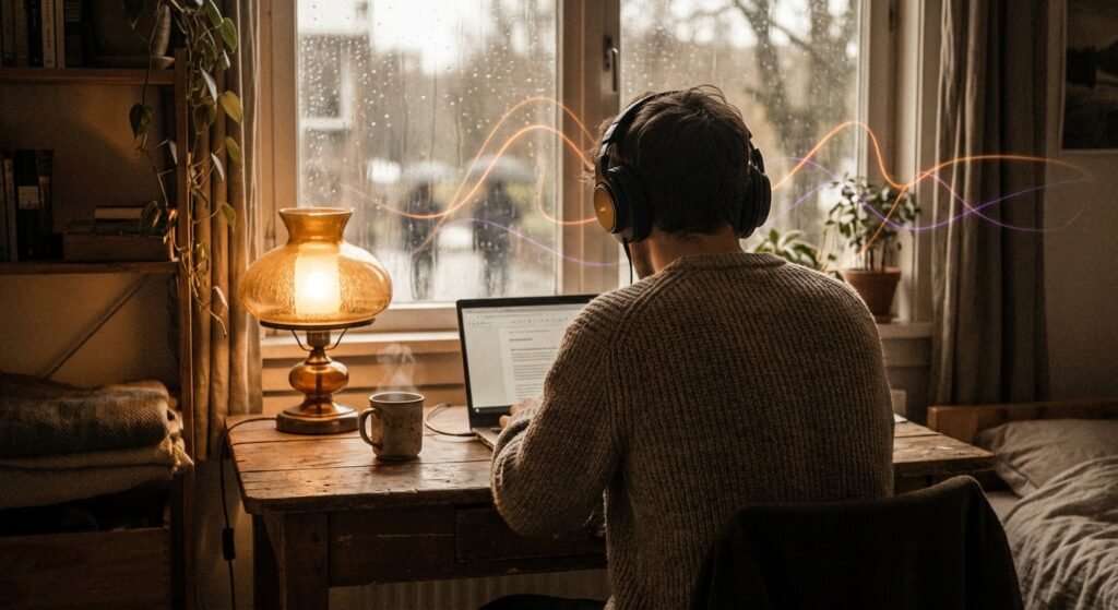 Hombre con auriculares sentado de espaldas en un escritorio de madera, trabajando en un portátil junto a una ventana con lluvia, una lámpara encendida y una taza humeante. Ondas de sonido estilizadas flotan en el aire.
