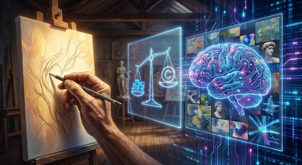 Mano de artista dibujando sobre un lienzo con un lápiz, con paneles holográficos digitales a la derecha que muestran un cerebro con circuitos, obras de arte, esculturas clásicas y una balanza con símbolos de copyright y datos.