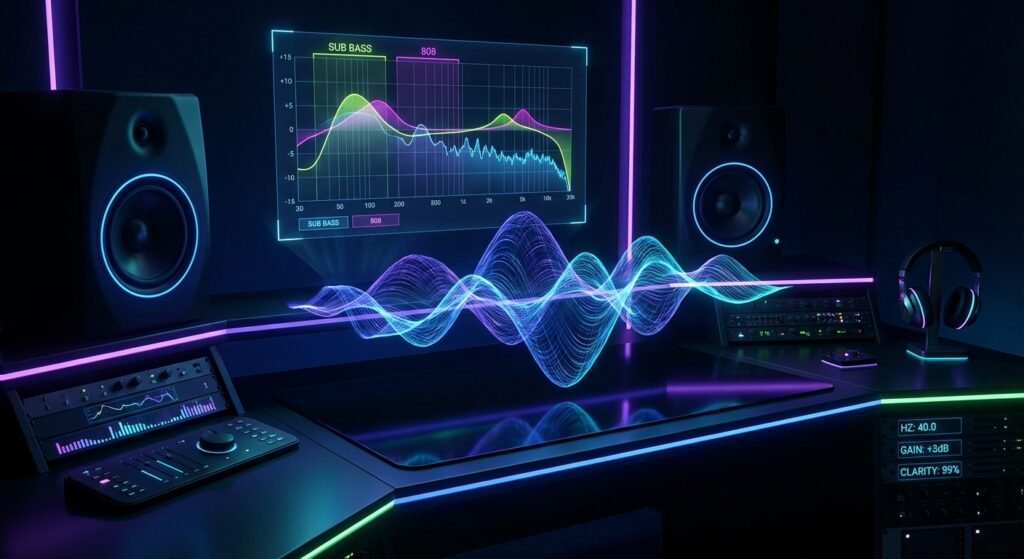 Un estudio de producción musical moderno y oscuro, iluminado con luces de neón azules, rosas y verdes. La configuración incluye dos monitores de estudio con aros luminosos, una pantalla translúcida que muestra un ecualizador de audio con gráficos de "SUB BASS" y "808", y una onda sonora holográfica que atraviesa el centro de la mesa. Se observan equipos de mezcla, un controlador de audio y auriculares con detalles luminosos.