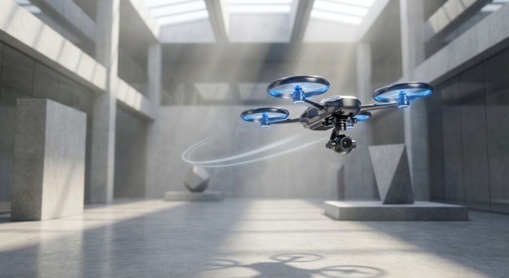 Dron plateado con hélices azules brillantes y cámara integrada, volando en un gran hall de hormigón con luz natural que entra por tragaluces.