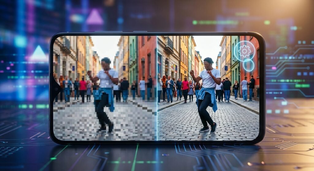 Smartphone mostrando una pantalla dividida con una imagen pixelada de un hombre bailando en una calle a la izquierda y la versión de alta resolución y mejorada a la derecha, sobre un fondo tecnológico.