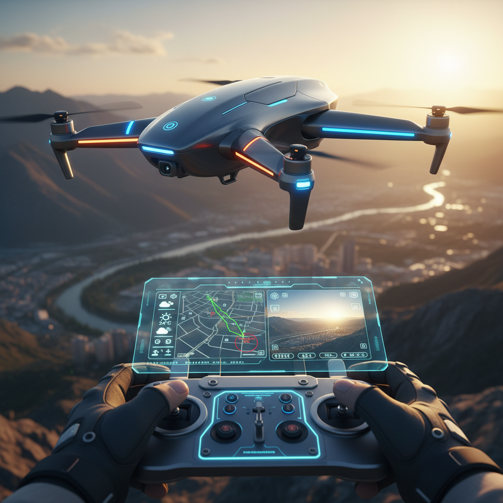 Una persona con guantes maneja un control remoto de dron con una pantalla holográfica interactiva que muestra un mapa de navegación y una vista en vivo de la ciudad y el río. Un dron moderno con luces LED azules y naranjas vuela en primer plano sobre un paisaje de montañas y una ciudad al atardecer.