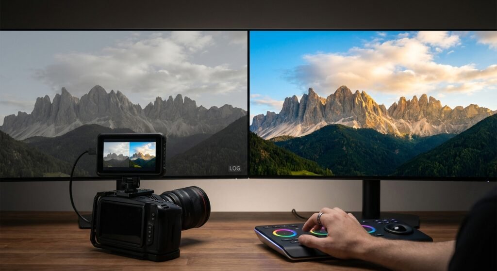Configuración de estudio de edición de video con dos monitores. El monitor izquierdo muestra un paisaje de montañas en perfil LOG con colores planos, mientras que el derecho presenta la misma escena con gradación de color profesional y colores vibrantes. Sobre el escritorio, una cámara de video y un monitor externo, y una mano operando un panel de control de color.
