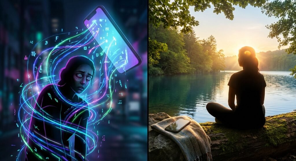 Una imagen dividida que contrasta dos escenas: a la izquierda, una mujer con expresión de angustia rodeada de luces de neón y un smartphone flotante que representa la sobrecarga digital; a la derecha, una mujer sentada en un tronco junto a un lago, contemplando un atardecer con su smartphone a un lado, simbolizando la tranquilidad y el detox digital.