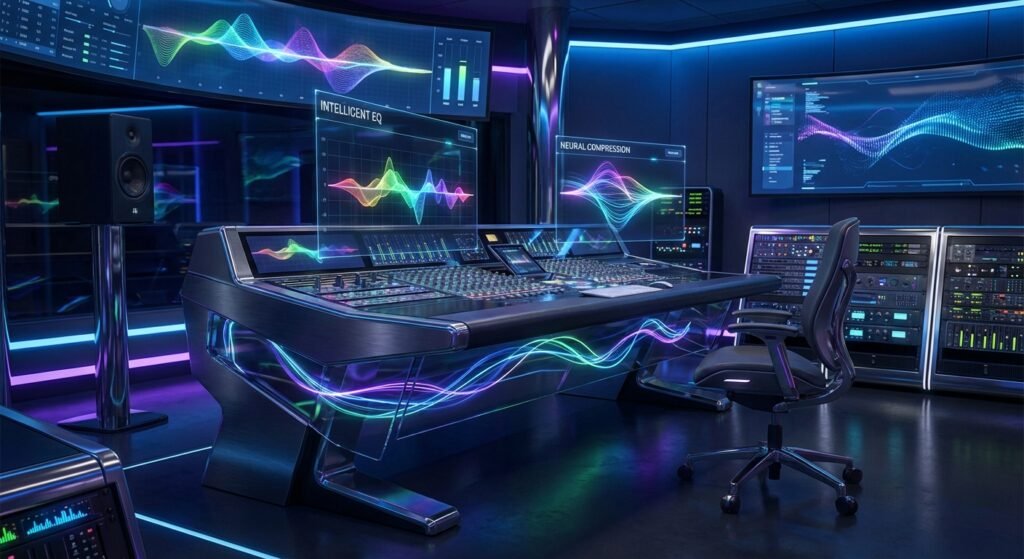 Un estudio de grabación o producción musical futurista con una consola de mezcla de audio digital avanzada, múltiples pantallas mostrando ondas de sonido coloridas, ecualización inteligente y compresión neuronal, racks de equipo de audio y una iluminación de neón azul y púrpura.