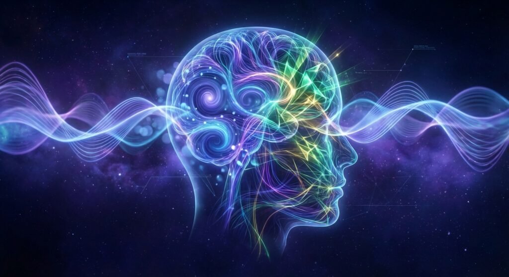 Silueta translúcida de una cabeza humana con un cerebro lleno de intrincados patrones de luz y energía en tonos azules, púrpuras, verdes y amarillos, con ondas luminosas que emanan hacia un fondo cósmico oscuro con estrellas y nebulosas.