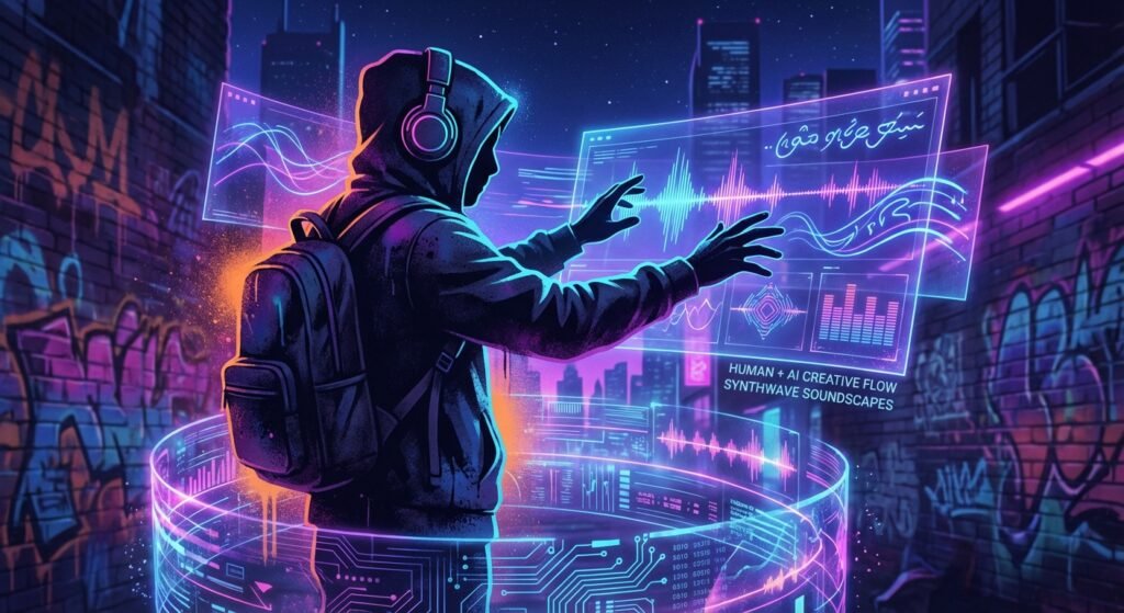 Persona con capucha, auriculares y mochila manipulando interfaces holográficas con ondas de sonido y datos en un callejón oscuro con grafitis y luces de neón, en un estilo cyberpunk.