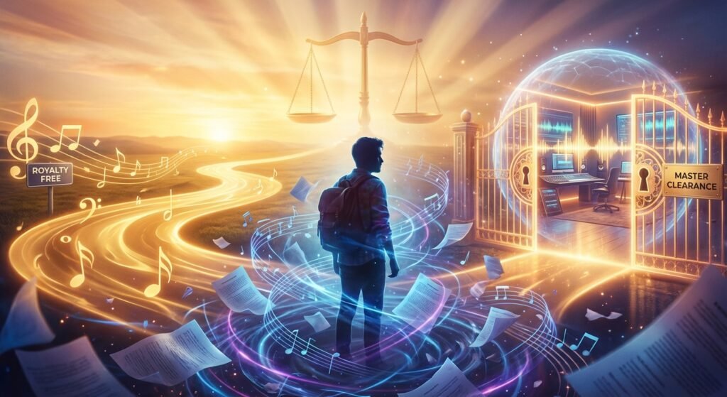 Un joven con mochila mira hacia unas puertas doradas que revelan un estudio de música moderno. En el cielo, una balanza de la justicia. A su izquierda, un camino luminoso con notas musicales y un cartel de "ROYALTY FREE". Alrededor del joven, notas musicales y papeles flotan en espirales de luz. Dentro de las puertas, se ve un letrero de "MASTER CLEARANCE".