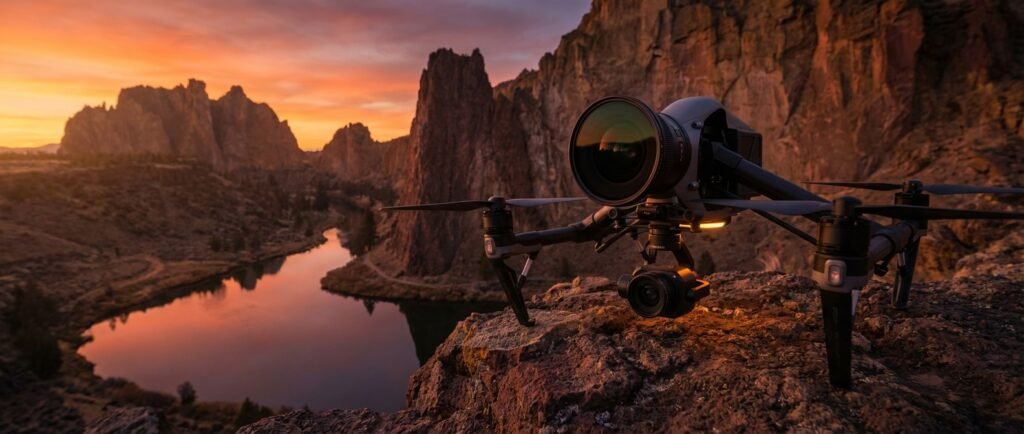Dron con cámara profesional sobre un acantilado rocoso al atardecer, con un río serpenteando a través de un cañón montañoso bajo un cielo anaranjado.