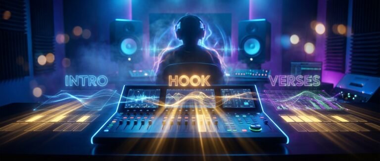 Un productor musical con auriculares sentado en un estudio de grabación, detrás de una mesa de mezclas digital iluminada. La mesa muestra ondas sonoras y texto brillante que indica INTRO, HOOK y VERSES, con luces de neón de colores.