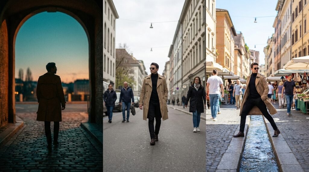 Un hombre con gabardina beige y jersey de cuello alto negro aparece en un collage de tres fotos. La primera lo muestra de espaldas bajo un arco al atardecer. La segunda lo muestra de frente caminando por una calle urbana. La tercera lo presenta posando sobre un canal de agua en una calle concurrida de mercado.