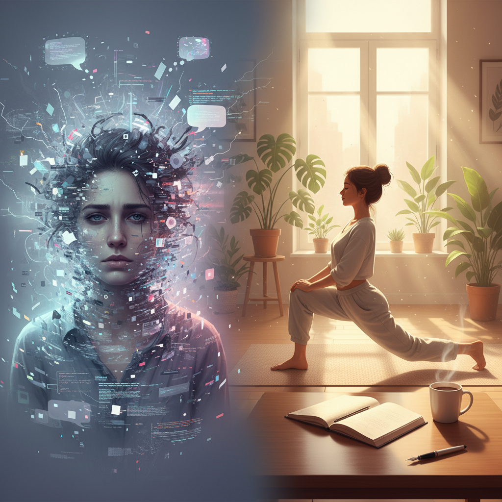 Imagen que muestra un contraste entre el estrés digital y la calma. En el lado izquierdo, el rostro de una mujer rodeado de información fragmentada y código. En el lado derecho, una mujer haciendo yoga en una habitación luminosa con plantas, junto a un libro y una taza de café.