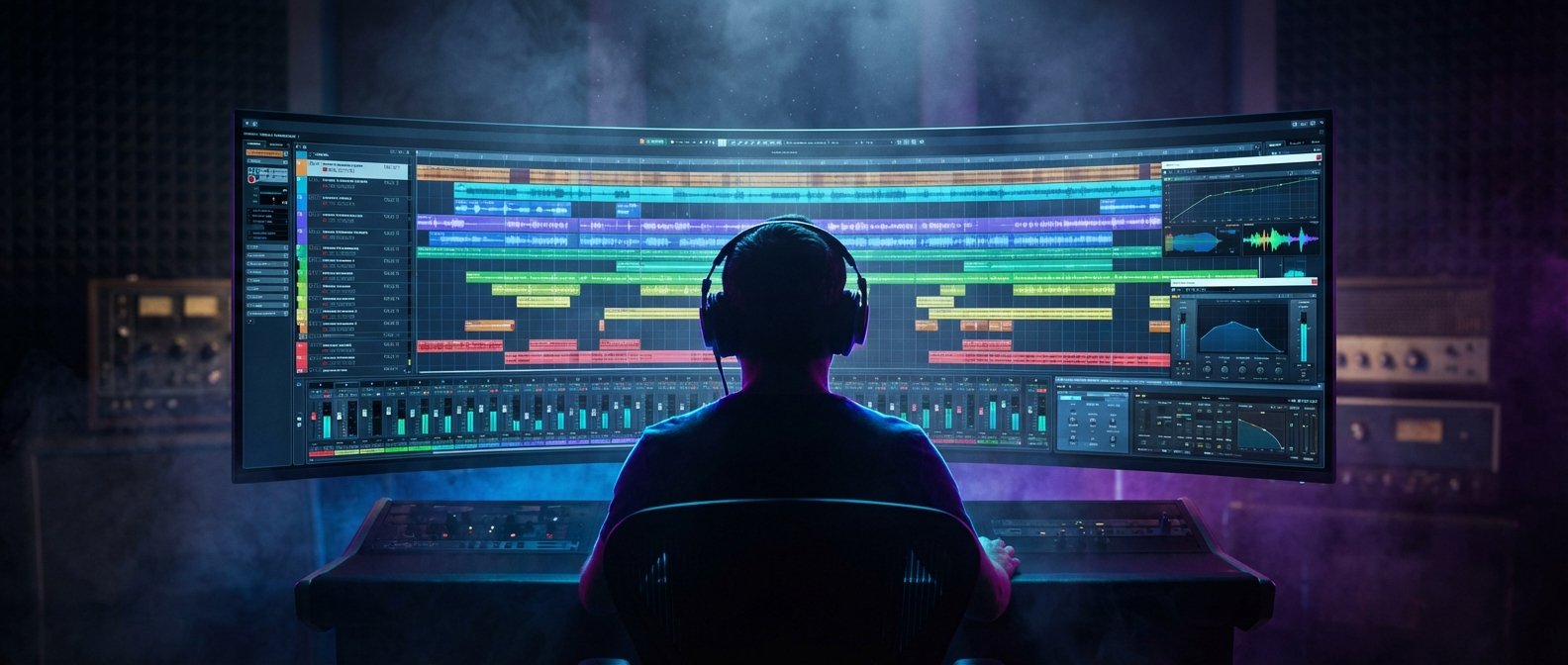 Hombre de espaldas con auriculares, sentado frente a un monitor curvo ultra-ancho que muestra un software de producción musical con múltiples pistas de audio de colores en un estudio.
