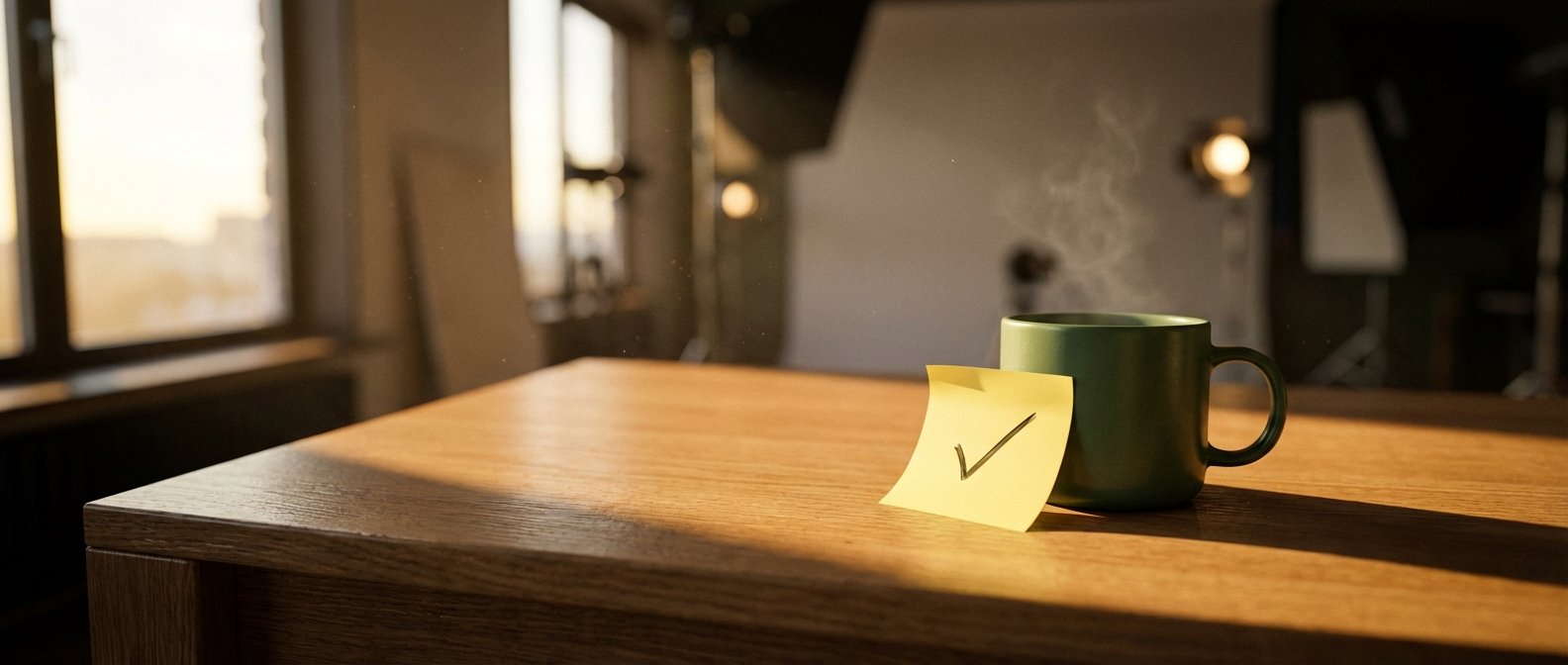 Una taza verde humeante y una nota post-it amarilla con un checkmark sobre una mesa de madera. La luz del sol entra por una ventana a la izquierda, proyectando sombras. El fondo es un estudio fotográfico desenfocado.