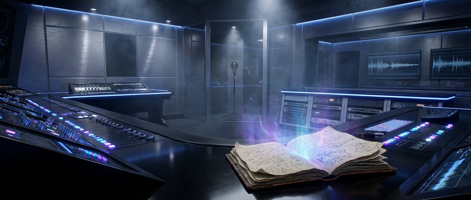 Estudio de grabación de música de alta tecnología con una gran mesa de mezclas iluminada, pantallas con ondas de sonido y una cabina vocal con micrófono. En el centro de la mesa de control hay un libro antiguo abierto que emite una luz mística.