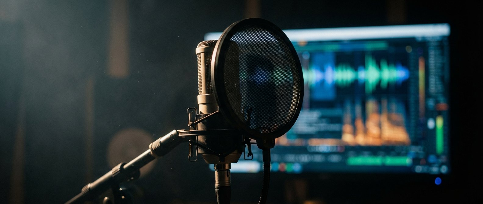 Micrófono de estudio con filtro antipop frente a un monitor que muestra un software de edición de audio con formas de onda de sonido.