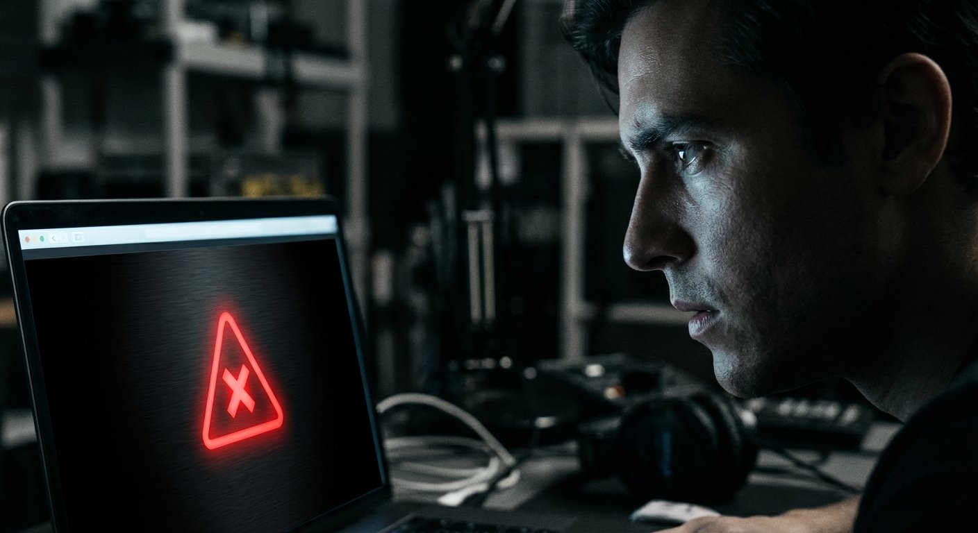 Un hombre mira una laptop con un icono de advertencia rojo y una X en la pantalla, en un ambiente oscuro con equipo tecnológico.