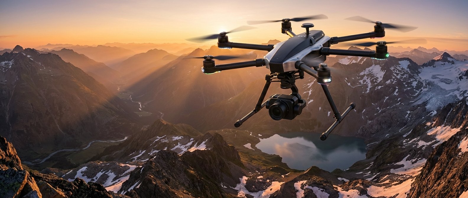 Un dron con cámara vuela en primer plano sobre un paisaje montañoso con picos nevados, un lago y un río, iluminado por el sol del atardecer.