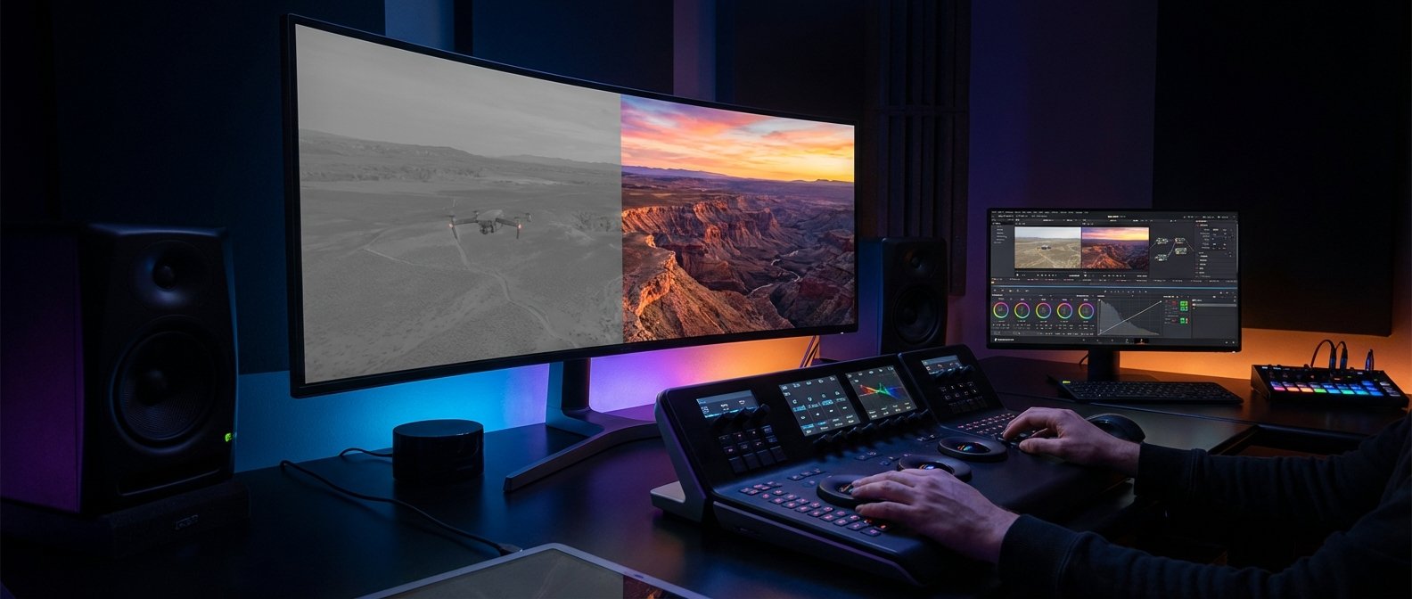 Estación de edición de video profesional con un monitor ultrawide dividido mostrando una toma de dron en blanco y negro y un paisaje de cañón colorido al atardecer. Un editor utiliza un panel de control de color, mientras un segundo monitor muestra el software DaVinci Resolve con iluminación ambiental.