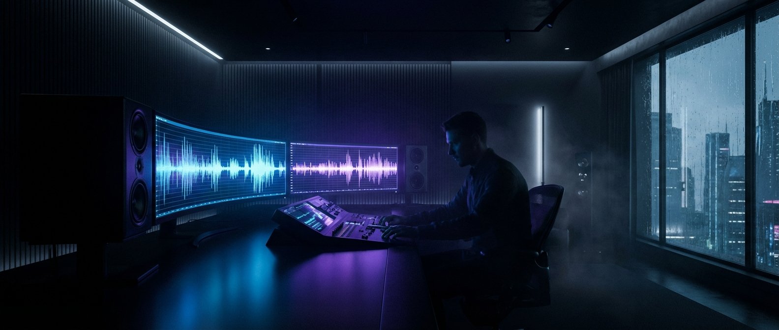 Hombre trabajando en un estudio de producción musical oscuro, iluminado con luces de neón azul y púrpura. Se observa una mesa de mezclas profesional, dos monitores curvos mostrando ondas de audio, altavoces y una ventana grande con vistas a una ciudad lluviosa de noche.