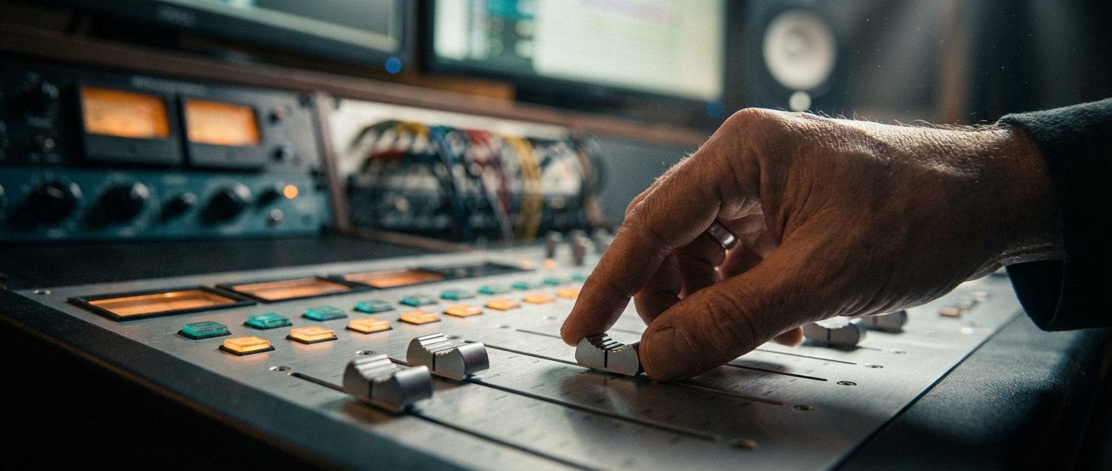 Mano ajustando un fader en una mesa de mezclas de audio profesional en un estudio, con equipo electrónico y pantallas de ordenador desenfocadas al fondo.