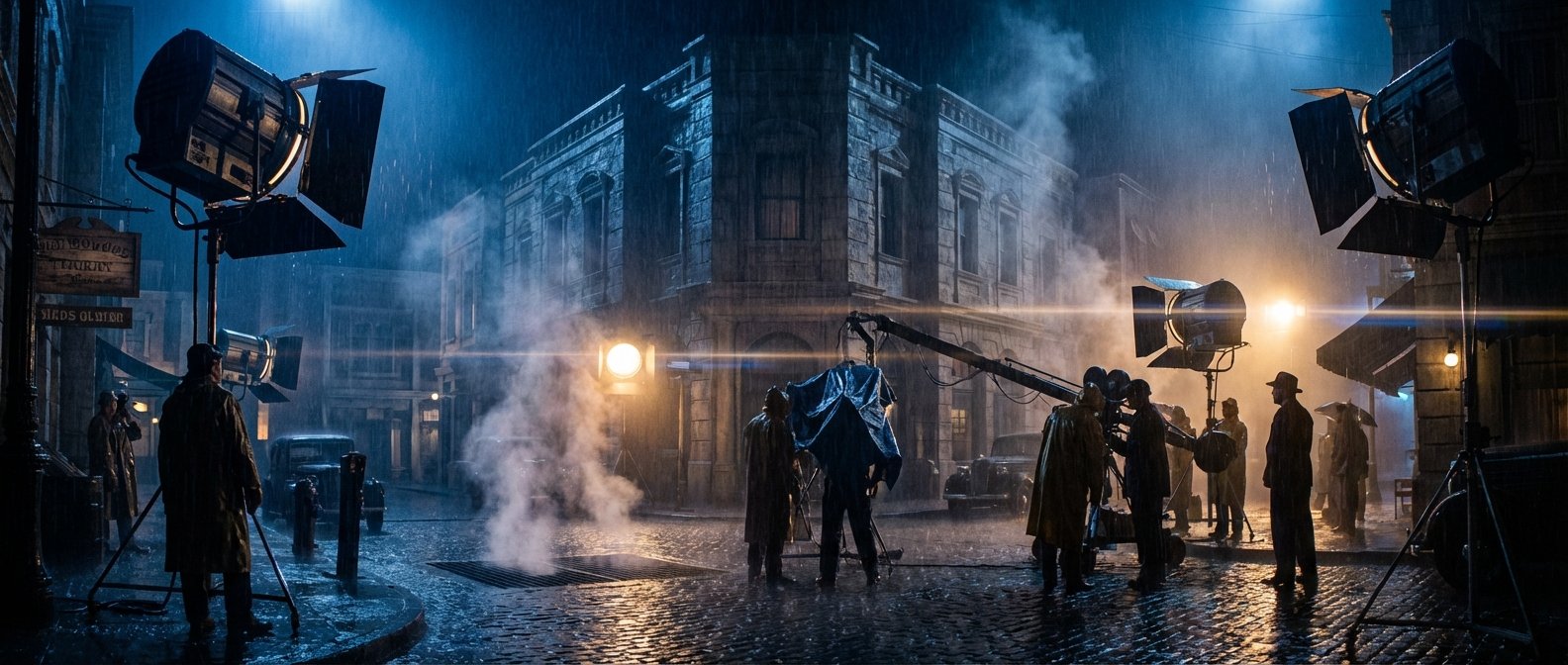 Un set de filmación de cine en una calle urbana antigua por la noche, con lluvia artificial y humo. Grandes focos de iluminación y un brazo de cámara se ven junto a miembros del equipo de rodaje vestidos con gabardinas. El pavimento está mojado y refleja las luces.