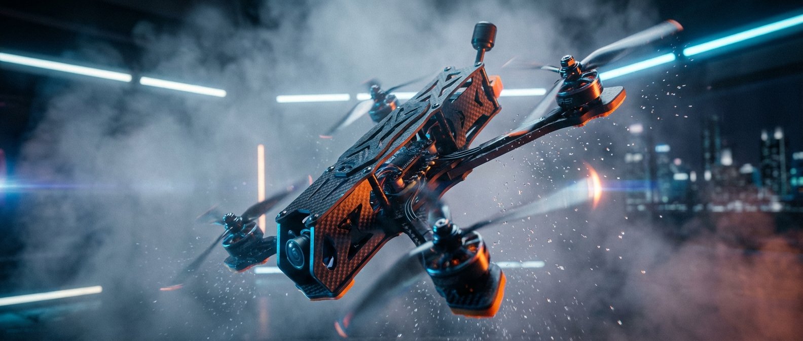 Dron de carreras FPV de fibra de carbono con cámara frontal y hélices en movimiento, volando en un ambiente oscuro y con humo, iluminado por luces de neón azules y una ciudad borrosa al fondo.