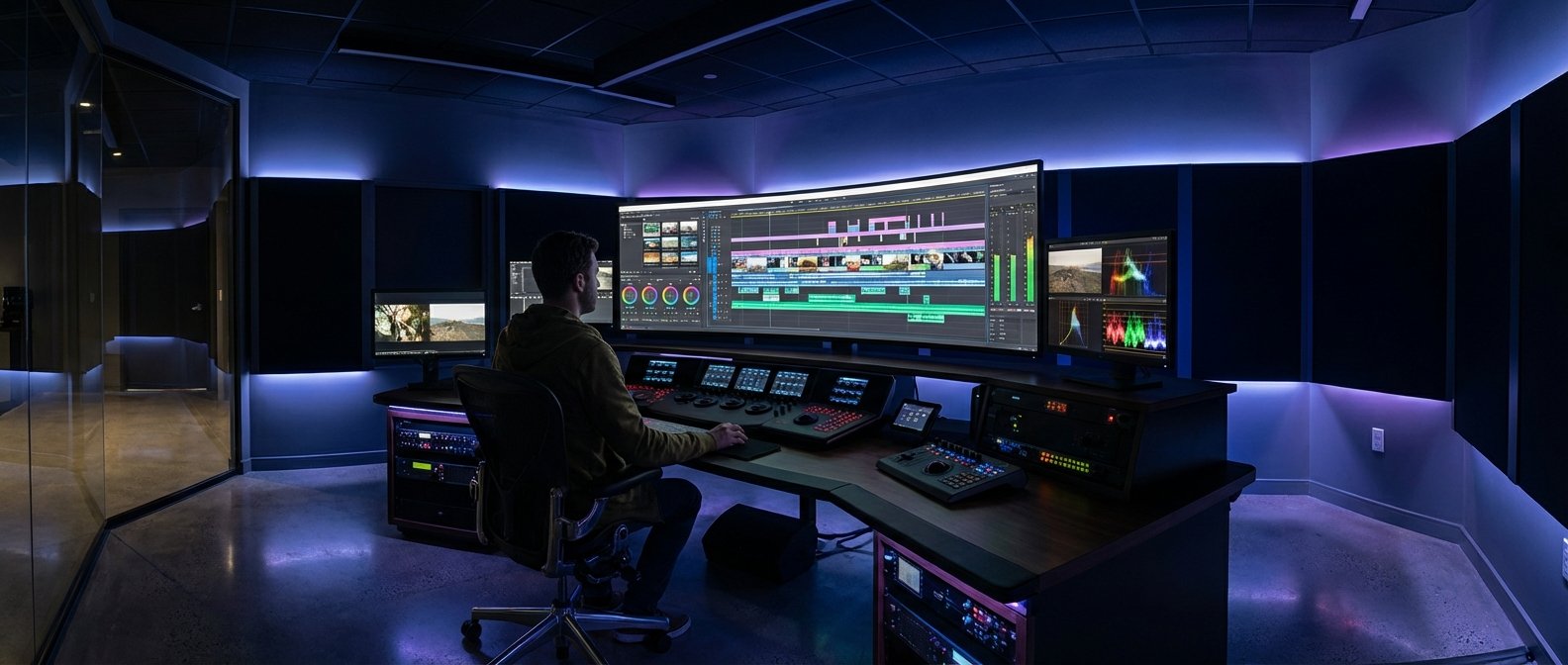 Un hombre trabaja en un estudio de postproducción de video, sentado frente a un monitor curvo ultraancho que muestra software de edición y varios monitores auxiliares con herramientas de colorimetría. El estudio está equipado con paneles de control profesionales y cuenta con iluminación ambiental LED azul y morada.