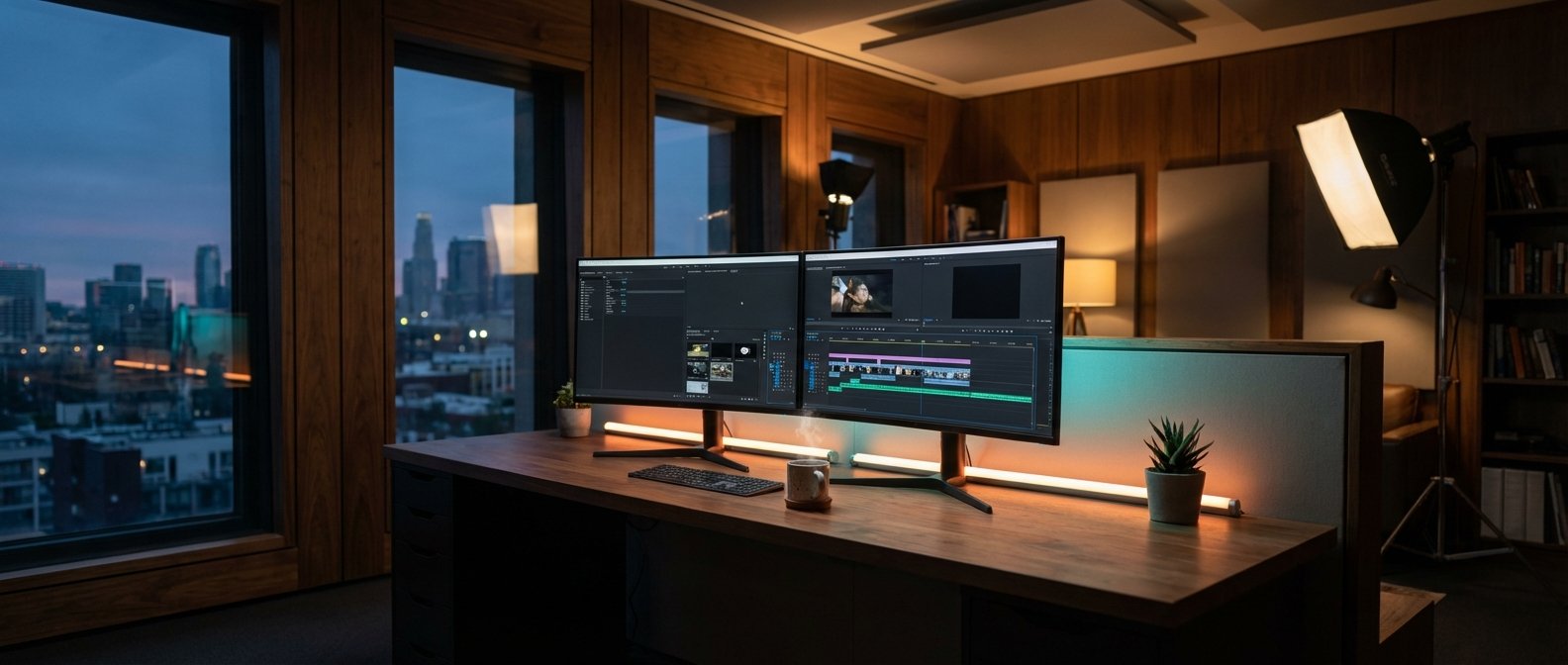 Escritorio de oficina con dos monitores mostrando software de edición de video, un teclado, una taza humeante y luces LED de ambiente. A través de una ventana grande se ve una ciudad al anochecer. La habitación tiene paredes de madera, paneles acústicos y equipo de estudio.