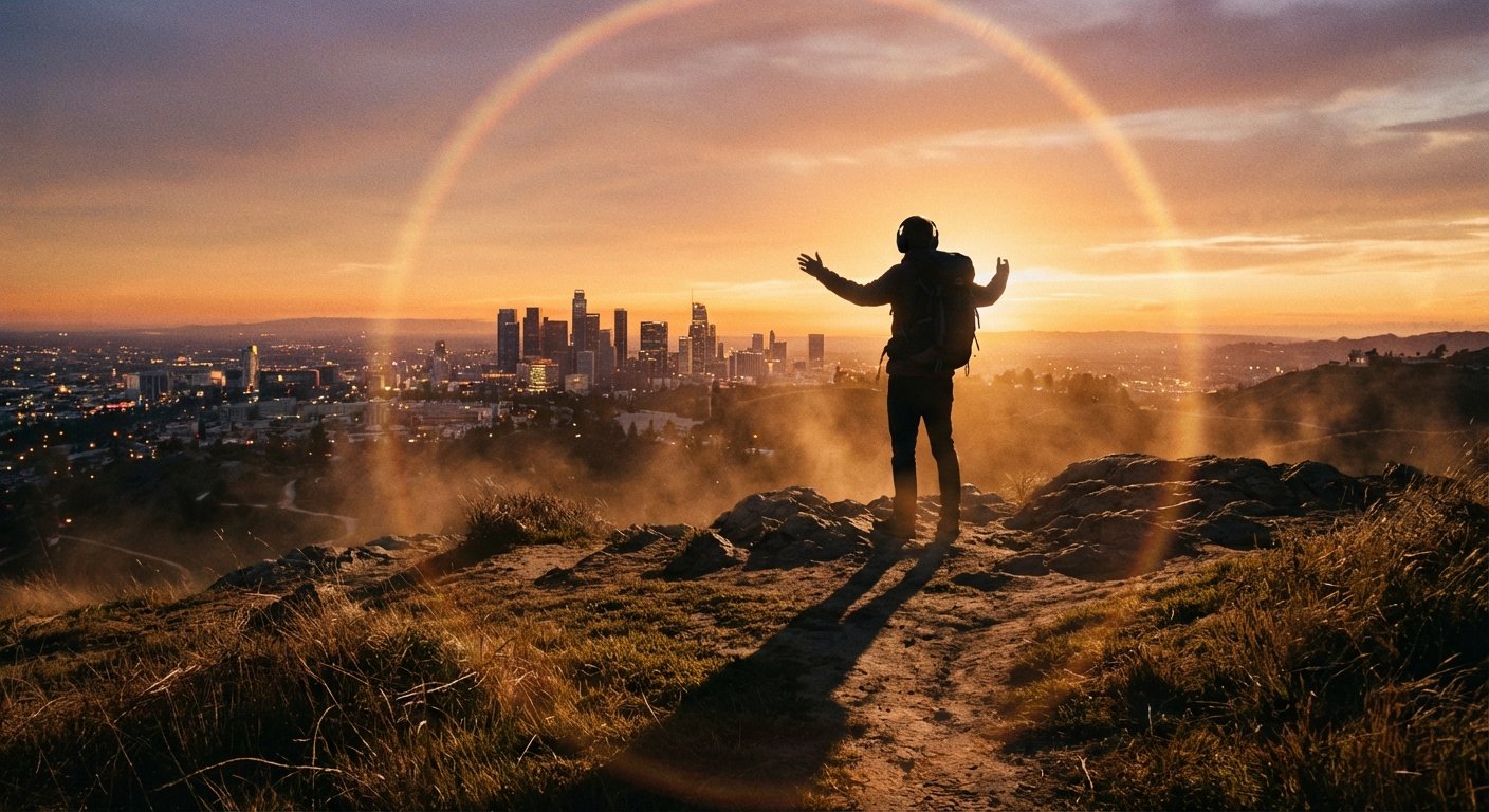 Silueta de una persona con mochila y auriculares de pie en una colina, con los brazos abiertos, observando un paisaje urbano de rascacielos y luces de la ciudad al atardecer, con un arcoíris en el cielo.}