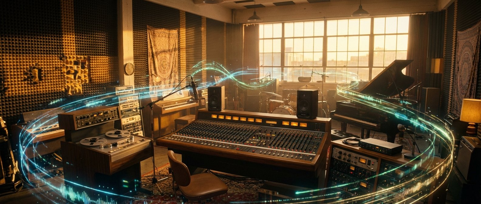 Estudio de grabación de música profesional con una gran mesa de mezclas, monitores de estudio, micrófono, piano de cola, batería, grabadora de cinta y paneles acústicos en las paredes. Ondas de sonido digitales azules y verdes fluyen por la sala, iluminada por la luz del atardecer que entra por las ventanas.