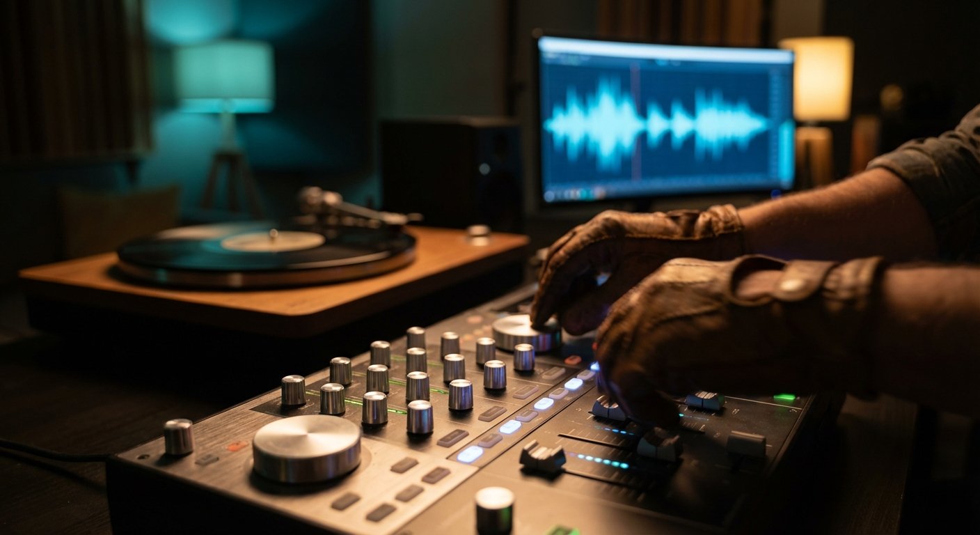 Manos enguantadas manipulando una mesa de mezclas digital con un tocadiscos y una pantalla mostrando una onda de audio en un estudio oscuro.