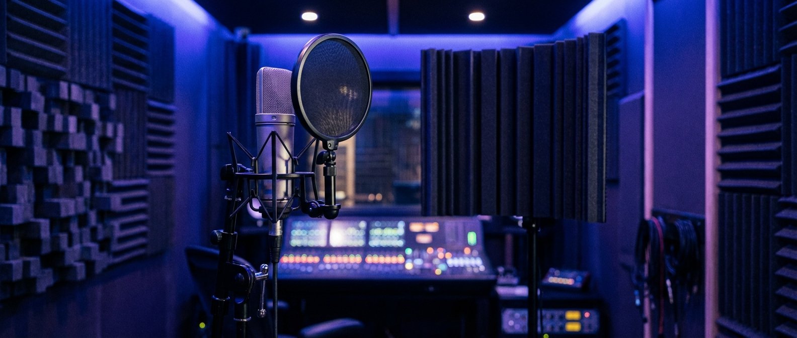 Micrófono de condensador profesional con filtro antipop y panel de aislamiento en un estudio de grabación con iluminación azul y violeta, paredes con tratamiento acústico y una mesa de mezclas con controles luminosos al fondo.